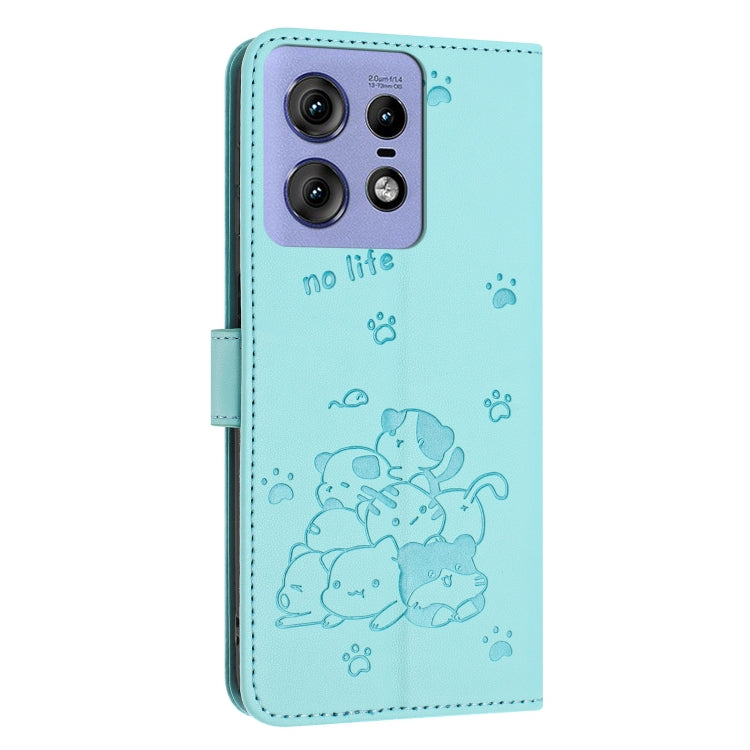 For Motorola Edge 50 Pro Embossed Kitten Phone Leather Case with Lanyard