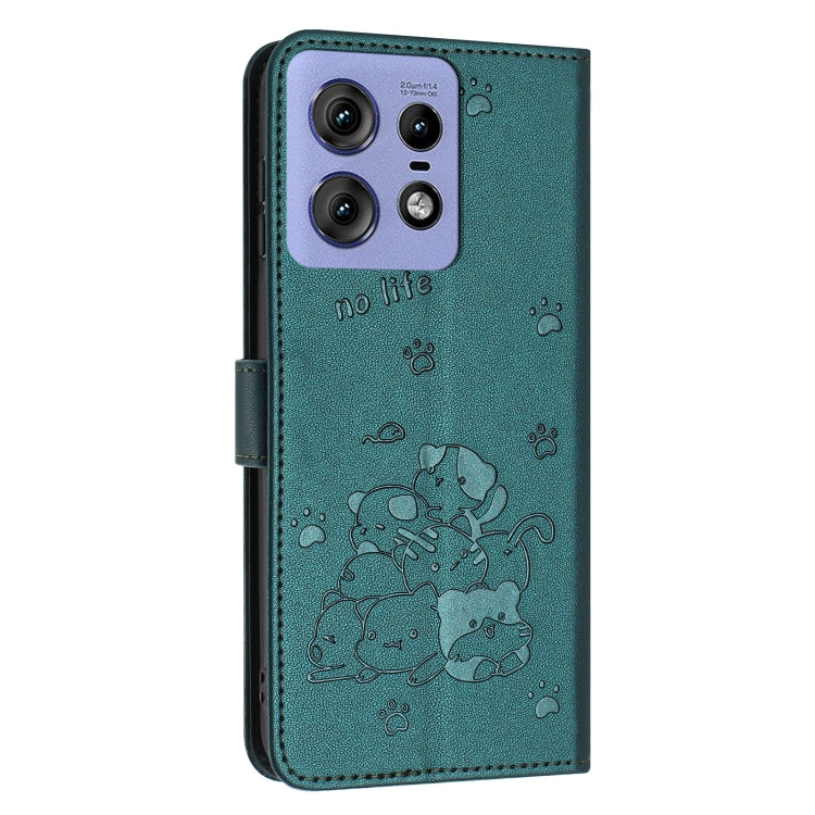 For Motorola Edge 50 Pro Embossed Kitten Phone Leather Case with Lanyard