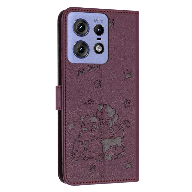 For Motorola Edge 50 Pro Embossed Kitten Phone Leather Case with Lanyard