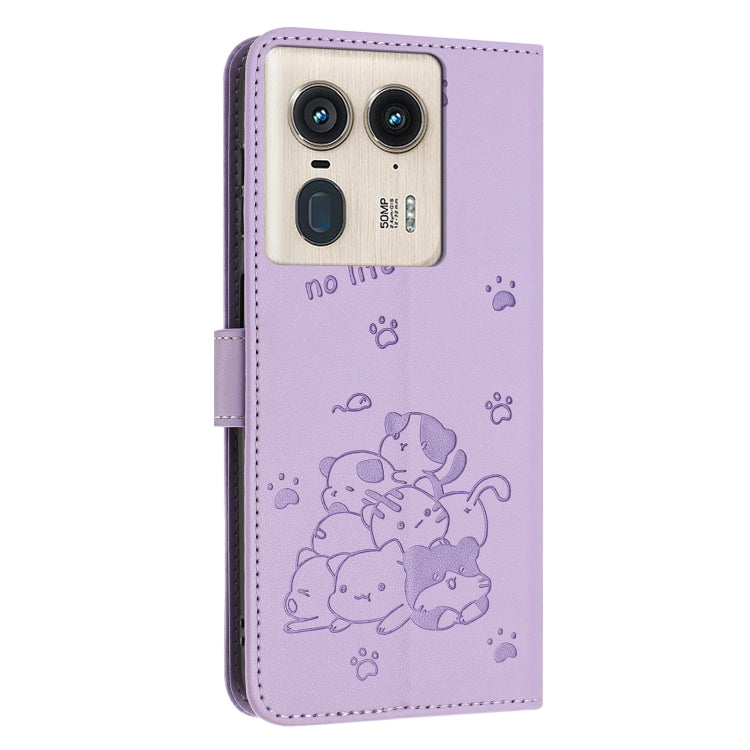 For Motorola Edge 50 Ultra Embossed Kitten Phone Leather Case with Lanyard