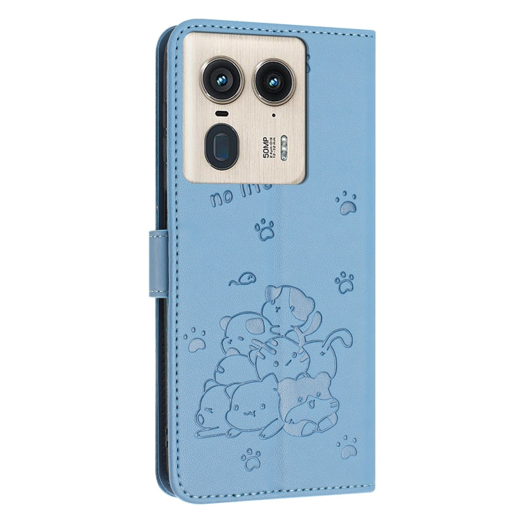 For Motorola Edge 50 Ultra Embossed Kitten Phone Leather Case with Lanyard