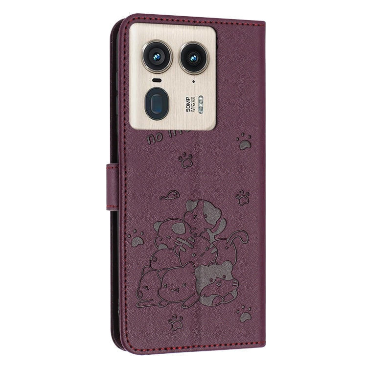For Motorola Edge 50 Ultra Embossed Kitten Phone Leather Case with Lanyard