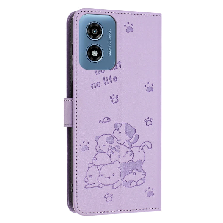 For Motorola Moto G Play 4G 2024 Embossed Kitten Phone Leather Case with Lanyard