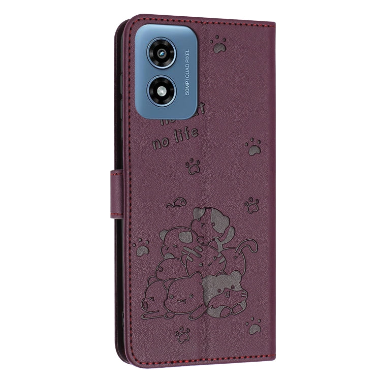 For Motorola Moto G Play 4G 2024 Embossed Kitten Phone Leather Case with Lanyard