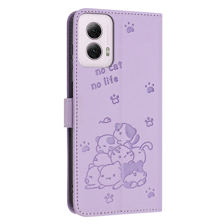 For Motorola Moto G Power 5G 2024 Embossed Kitten Phone Leather Case with Lanyard