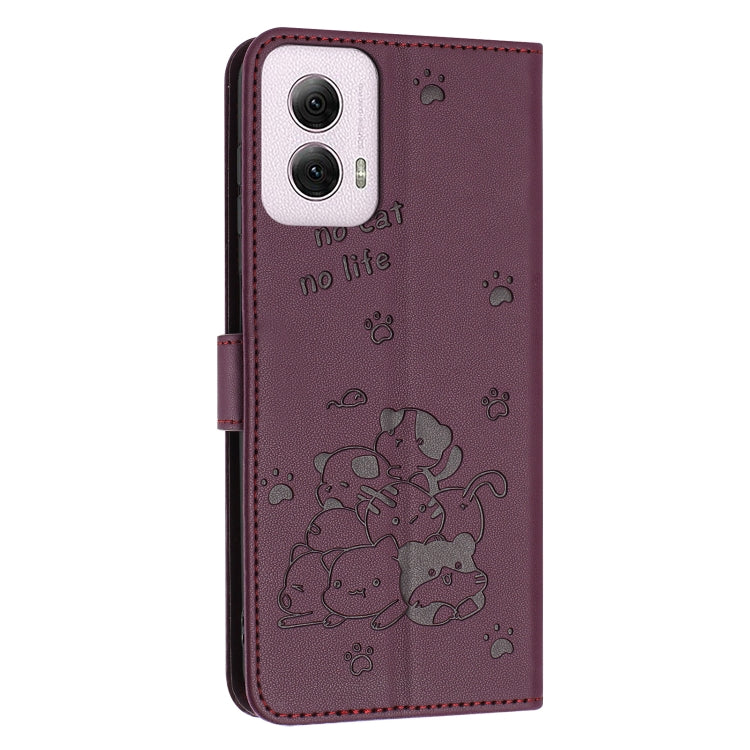 For Motorola Moto G Power 5G 2024 Embossed Kitten Phone Leather Case with Lanyard