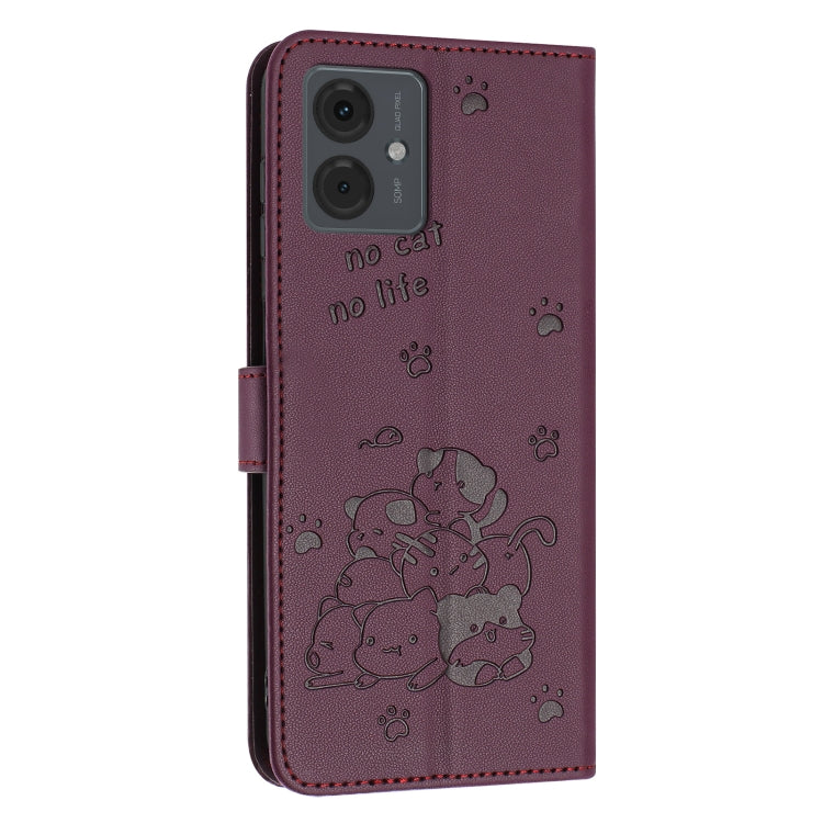 For Motorola Moto G04 / G24 / G04s Embossed Kitten Phone Leather Case with Lanyard