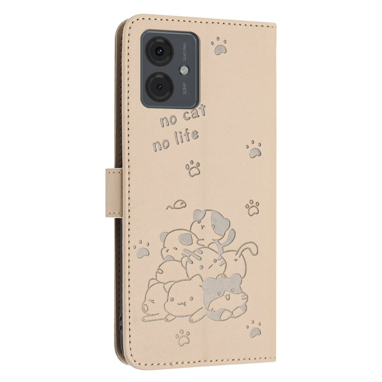 For Motorola Moto G14 Embossed Kitten Phone Leather Case with Lanyard