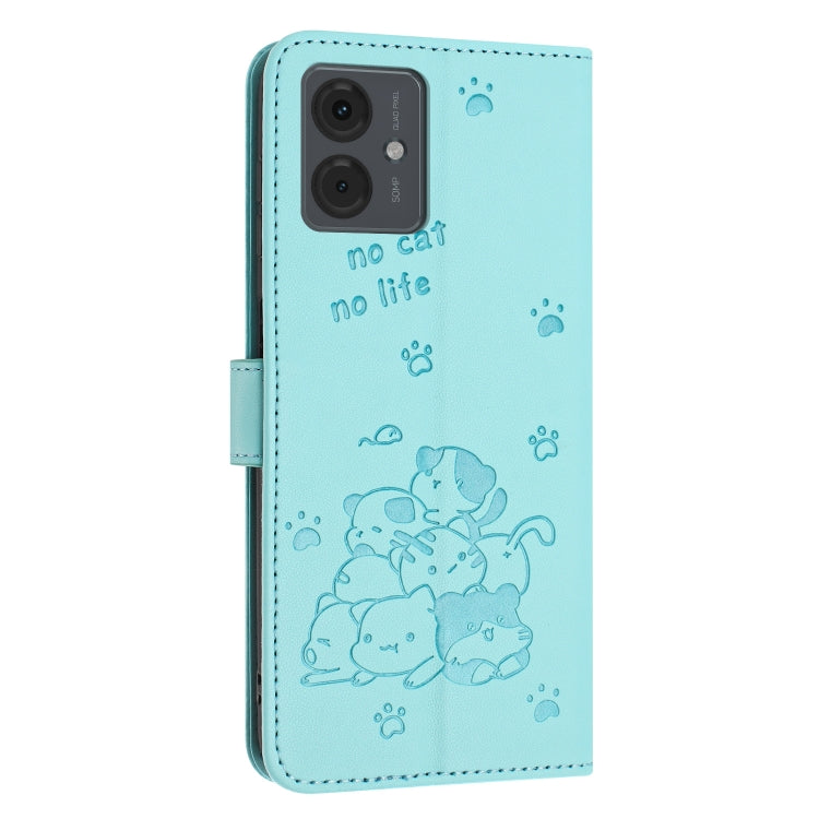 For Motorola Moto G14 Embossed Kitten Phone Leather Case with Lanyard