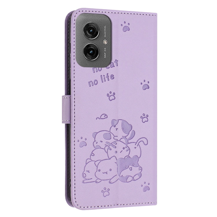 For Motorola Moto G55 Embossed Kitten Phone Leather Case with Lanyard