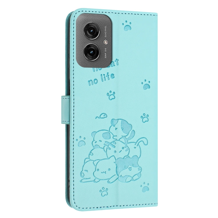 For Motorola Moto G55 Embossed Kitten Phone Leather Case with Lanyard