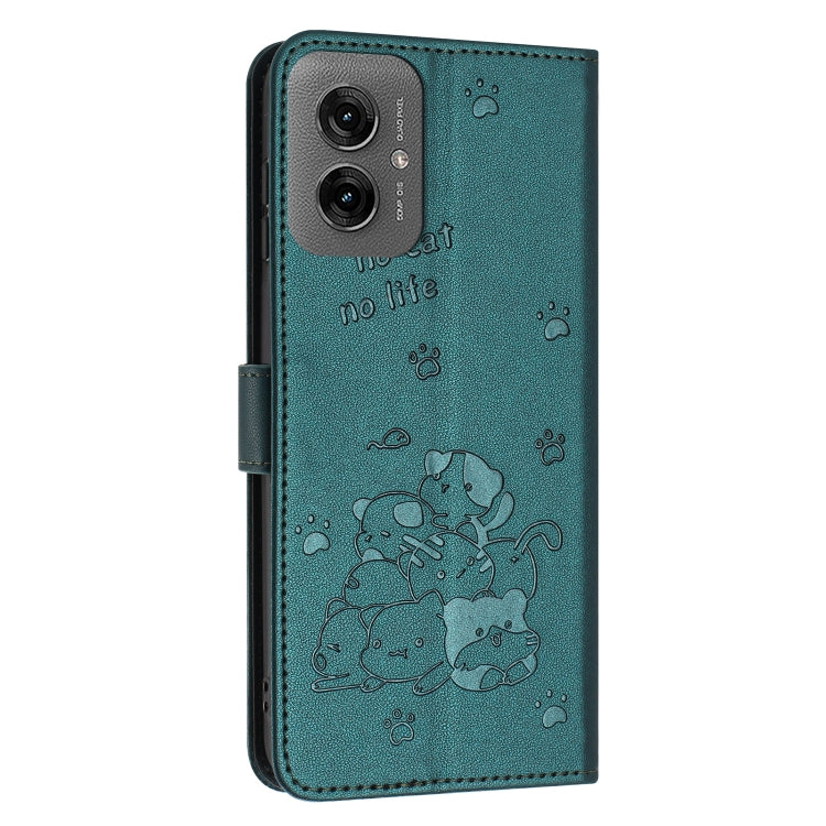 For Motorola Moto G55 Embossed Kitten Phone Leather Case with Lanyard