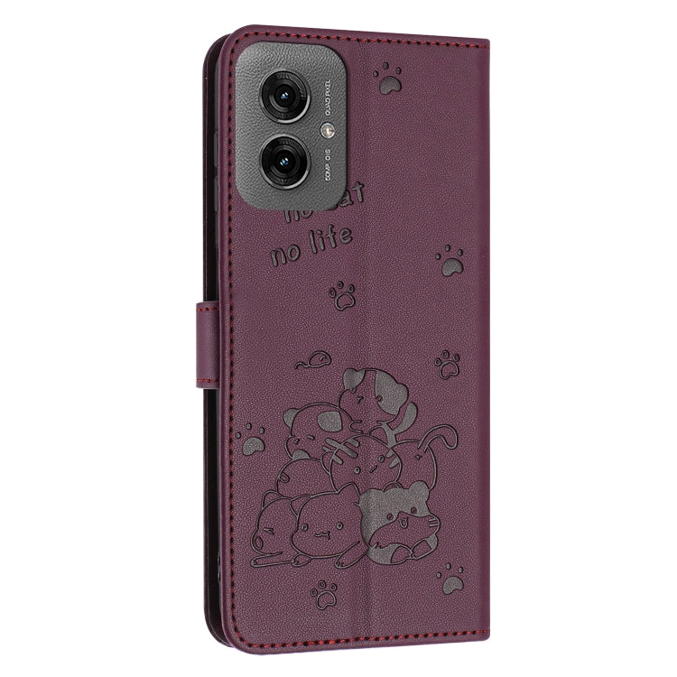 For Motorola Moto G55 Embossed Kitten Phone Leather Case with Lanyard