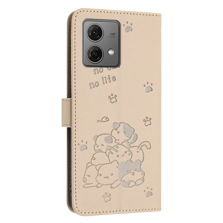 For Motorola Moto G84 Embossed Kitten Phone Leather Case with Lanyard
