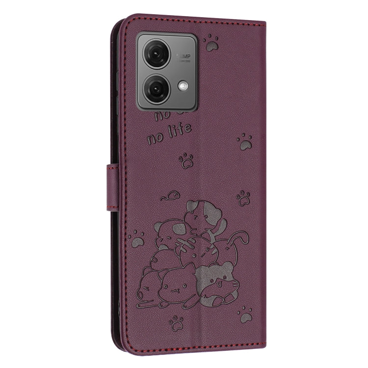 For Motorola Moto G84 Embossed Kitten Phone Leather Case with Lanyard