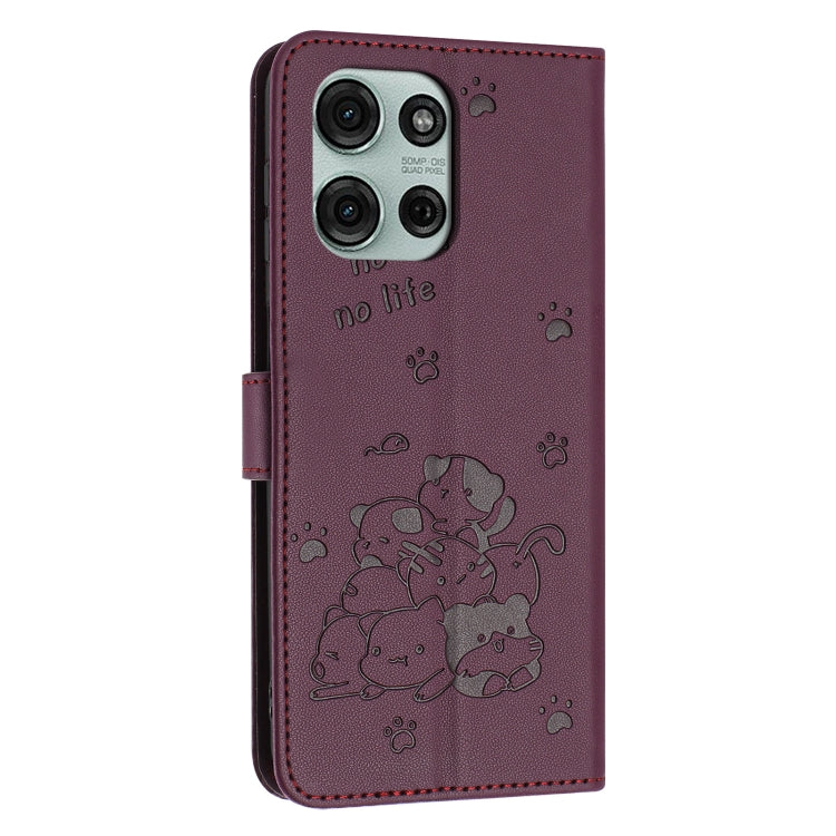 For Motorola Moto G75 Embossed Kitten Phone Leather Case with Lanyard