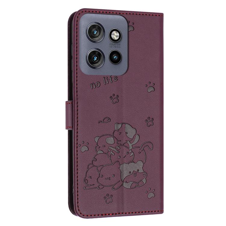 For Motorola Moto G15 Embossed Kitten Phone Leather Case with Lanyard