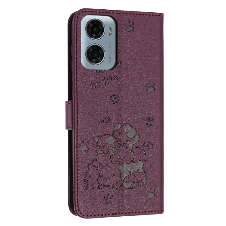 For Motorola Moto G05 Embossed Kitten Phone Leather Case with Lanyard