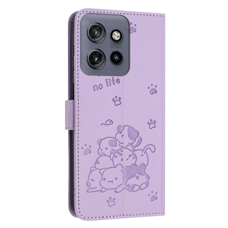 For Motorola Moto G 5G 2025 Embossed Kitten Phone Leather Case with Lanyard