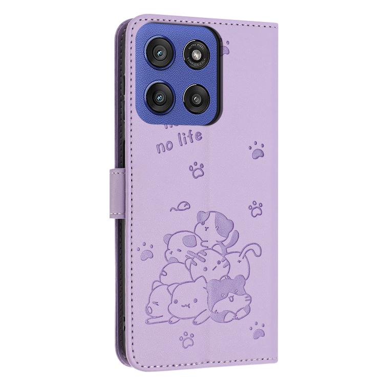 For Motorola Edge 60 Fusion Embossed Kitten Phone Leather Case with Lanyard