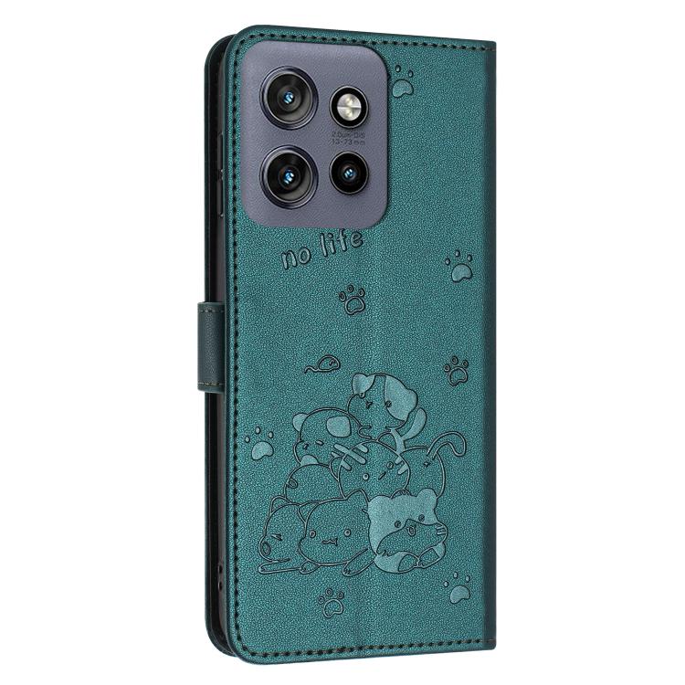 For Motorola Moto G17 / G17 Power 4G Embossed Kitten Phone Leather Case with Lanyard