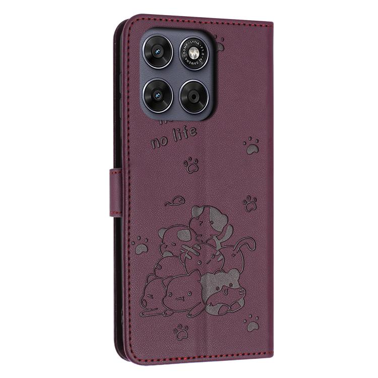 For Motorola Moto G67 / G77 5G Embossed Kitten Phone Leather Case with Lanyard