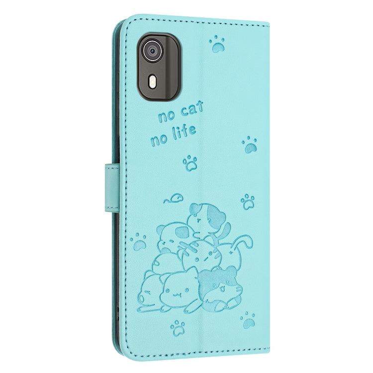 For Nokia C02 Embossed Kitten Phone Leather Case with Lanyard