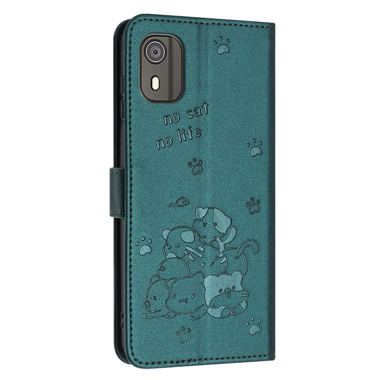 For Nokia C02 Embossed Kitten Phone Leather Case with Lanyard