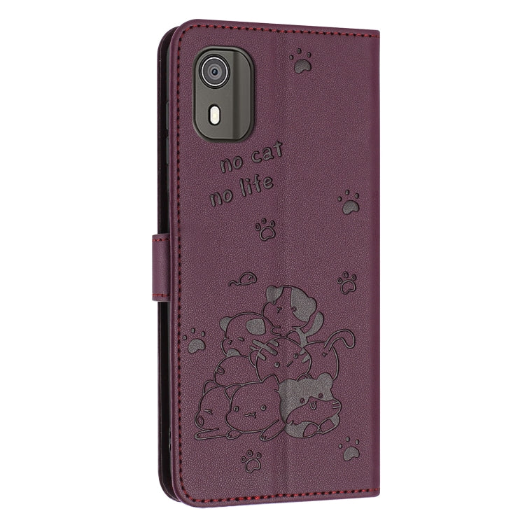 For Nokia C02 Embossed Kitten Phone Leather Case with Lanyard