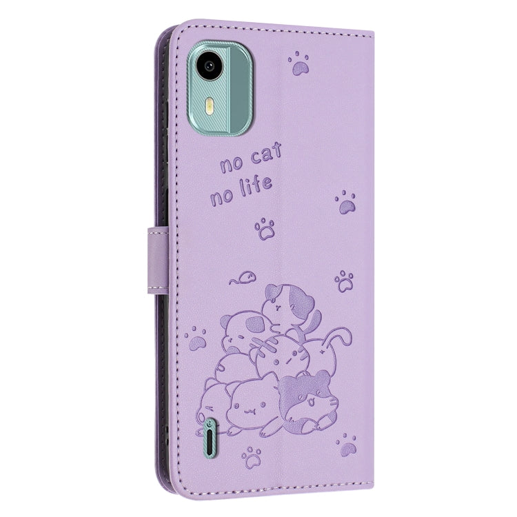 For Nokia C12 Embossed Kitten Phone Leather Case with Lanyard
