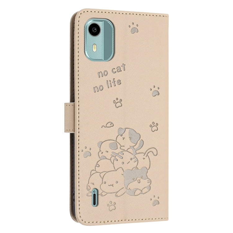 For Nokia C12 Embossed Kitten Phone Leather Case with Lanyard