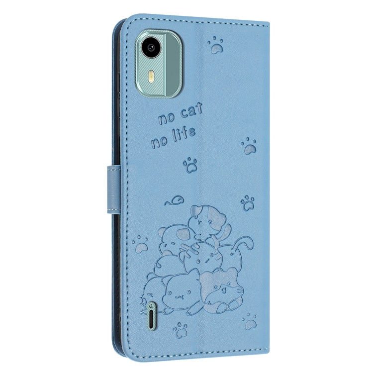 For Nokia C12 Embossed Kitten Phone Leather Case with Lanyard