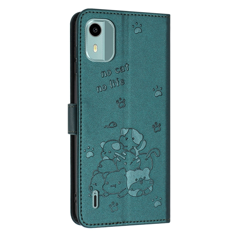 For Nokia C12 Embossed Kitten Phone Leather Case with Lanyard