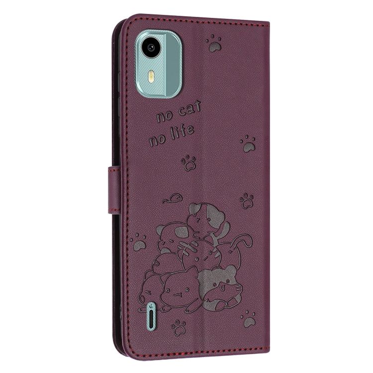 For Nokia C12 Embossed Kitten Phone Leather Case with Lanyard