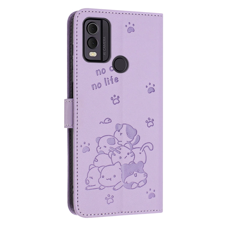 For Nokia C22 Embossed Kitten Phone Leather Case with Lanyard