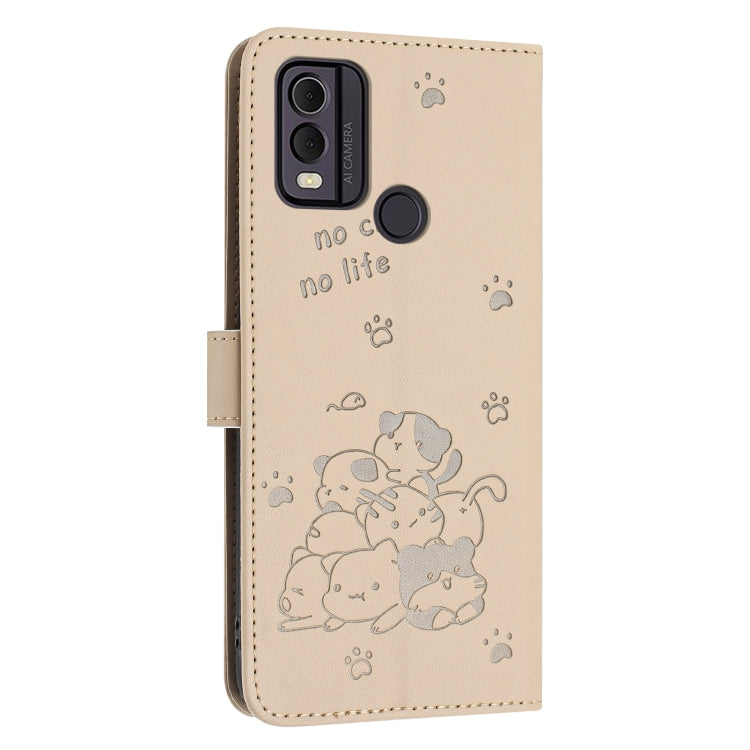 For Nokia C22 Embossed Kitten Phone Leather Case with Lanyard
