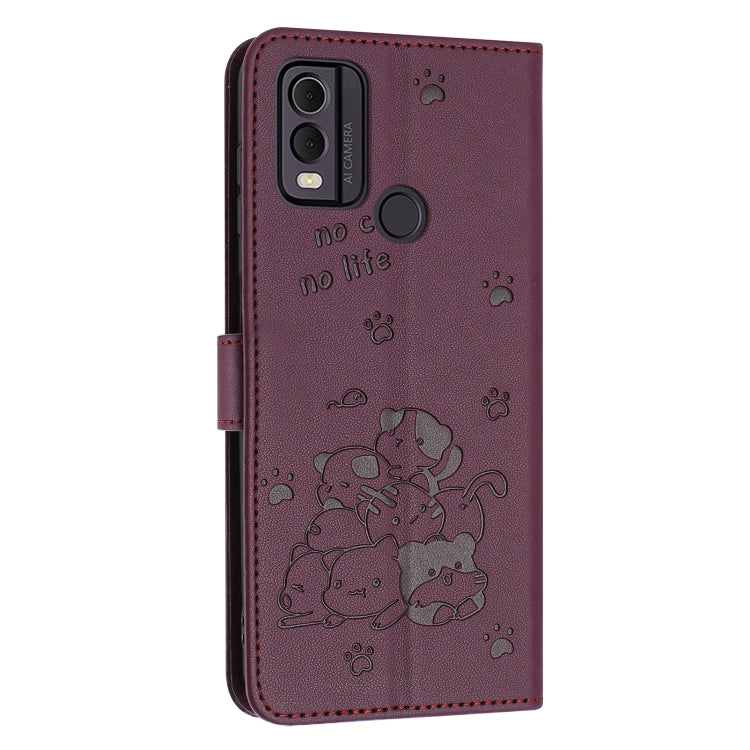 For Nokia C22 Embossed Kitten Phone Leather Case with Lanyard