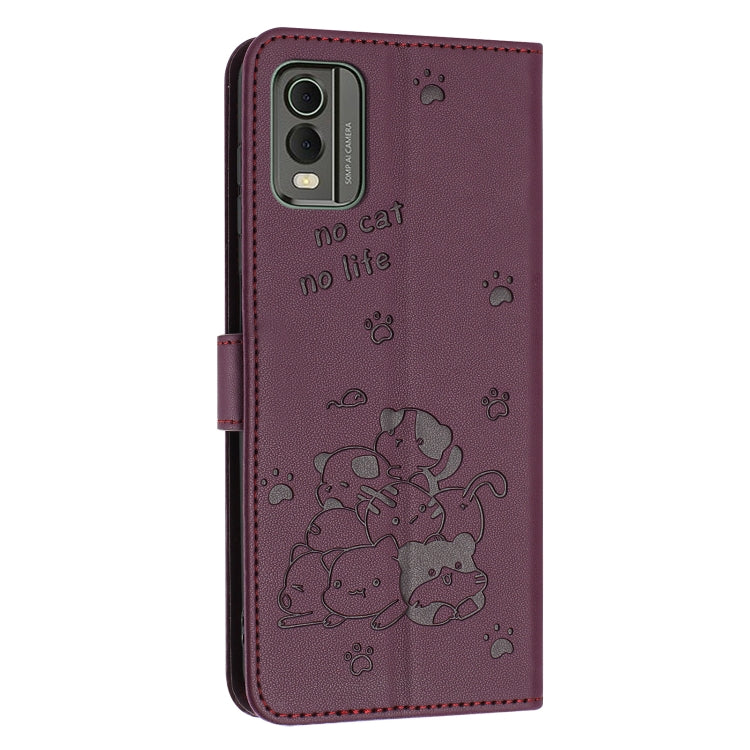 For Nokia C32 Embossed Kitten Phone Leather Case with Lanyard