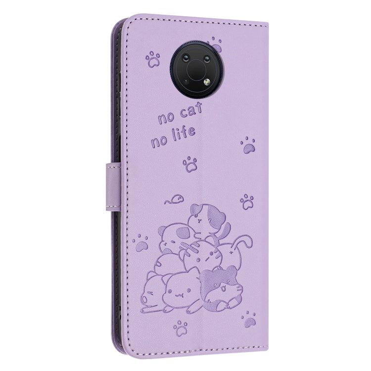 For Nokia G10 / G20 / G300 Embossed Kitten Phone Leather Case with Lanyard