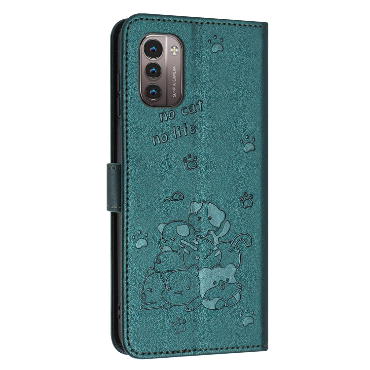 For Nokia G11 / G21 Embossed Kitten Phone Leather Case with Lanyard