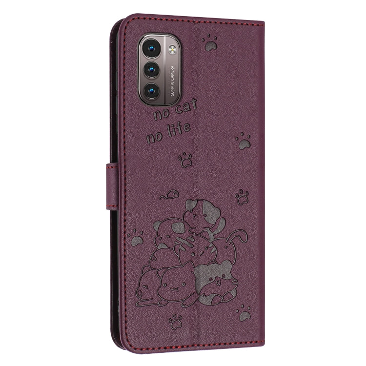 For Nokia G11 / G21 Embossed Kitten Phone Leather Case with Lanyard
