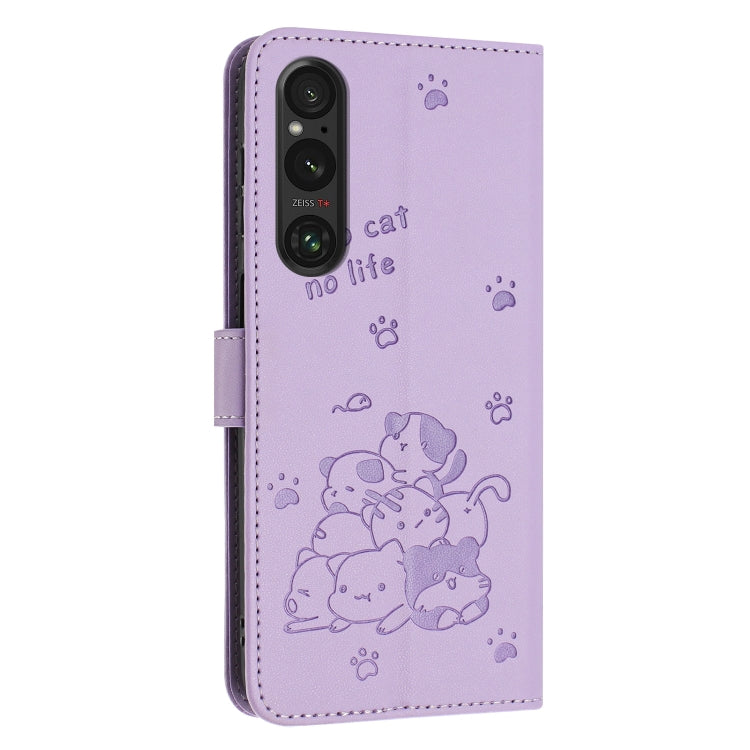 For Sony Xperia 1 V 2023 Embossed Kitten Phone Leather Case with Lanyard