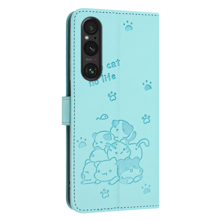 For Sony Xperia 1 V 2023 Embossed Kitten Phone Leather Case with Lanyard