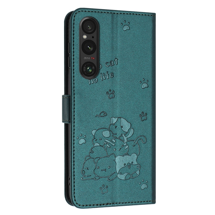 For Sony Xperia 1 V 2023 Embossed Kitten Phone Leather Case with Lanyard