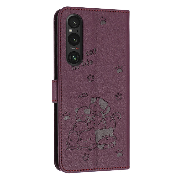 For Sony Xperia 1 V 2023 Embossed Kitten Phone Leather Case with Lanyard