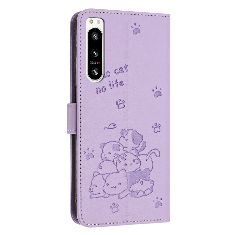 For Sony Xperia 5 IV Embossed Kitten Phone Leather Case with Lanyard