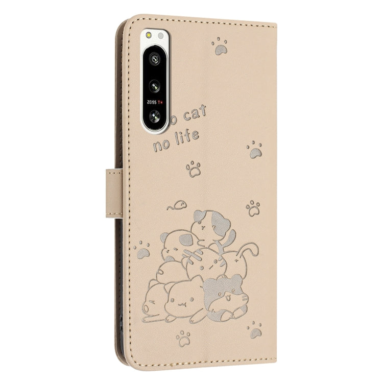 For Sony Xperia 5 IV Embossed Kitten Phone Leather Case with Lanyard