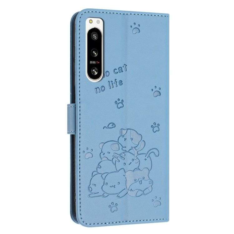For Sony Xperia 5 IV Embossed Kitten Phone Leather Case with Lanyard