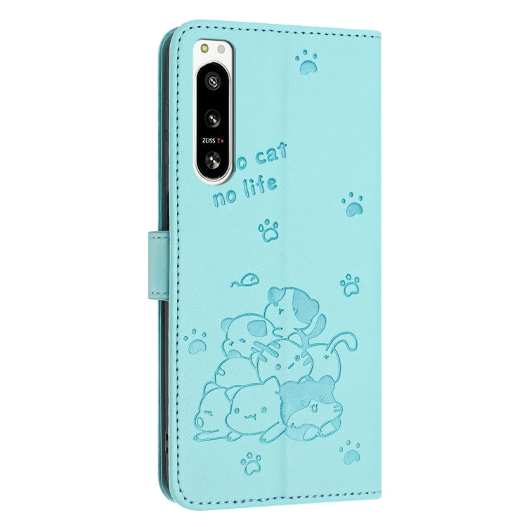 For Sony Xperia 5 IV Embossed Kitten Phone Leather Case with Lanyard