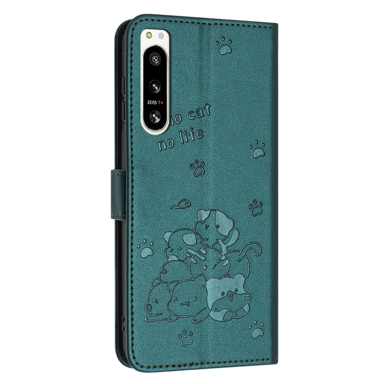 For Sony Xperia 5 IV Embossed Kitten Phone Leather Case with Lanyard